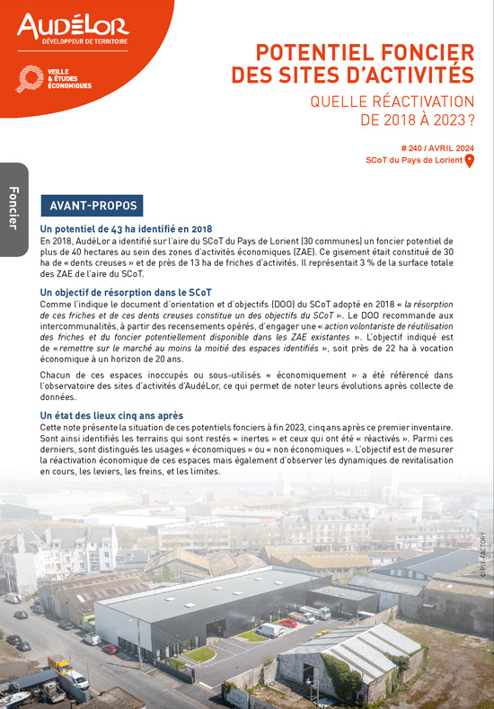 Potentiel foncier des sites d'activités sur le SCoT du Pays de Lorient. Quelles réactivation de 2018 à 2023 ?
